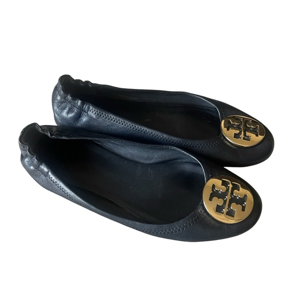 Tory Burch Minnie Travel Ballet Flats Black Leather 8.5 Logo Medallion - Picture 1 of 6